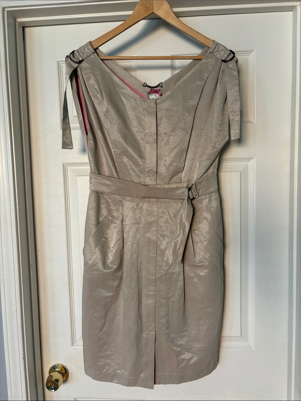 Yoana Baraschi Shimmery Gray Sheath Dress with Pockets and Pink Lining